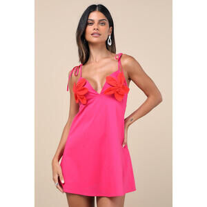 Lulus Kawehi Hot Pink 3d Floral Tie-strap Mini Dress - Size XS